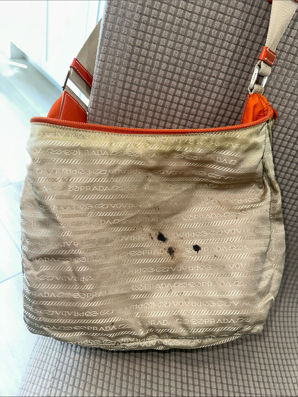 Prada Orange Nylon Shoulder Bag with Beige Strap - Picture 10 of 13